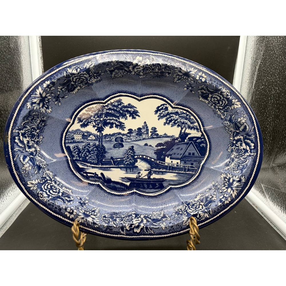 Vntg Daher Decorated Ware Blue White Tin Platter Floral Pastoral Scene England
